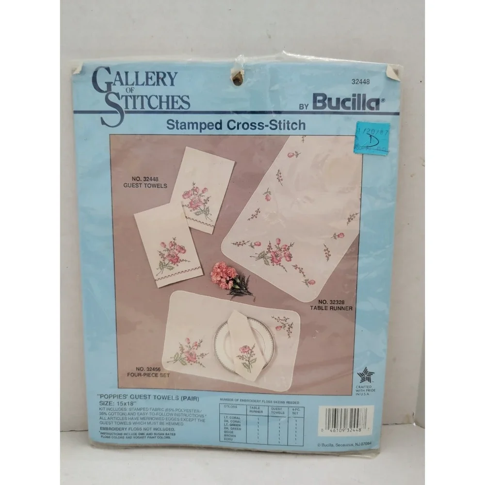 Bucilla Gallery of Stitches Stamped Cross Stitch Poppies Guest Towels #32448 New